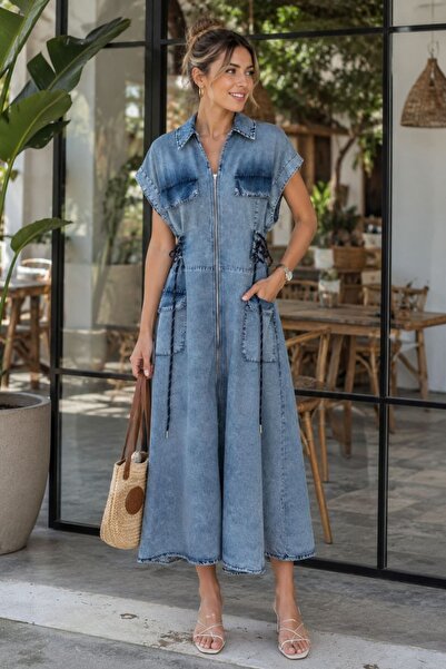 yb yağmur butik Denim Dress with Front Zipper and Side Tie Detail