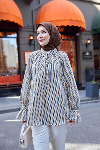 LOCCO Women's Collar Tie Slim and Thick Striped Waist Tie Poplin Tunic Blue