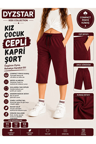 DYZSTAR Kız Çocuk Cepli Kapri Şort Bordo Compact Penye Rahat Kalıp Lastikli B...