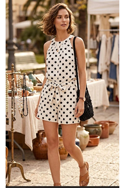 Bebeplus Women's Polka Dot Two-Piece Set Crew Neck Blouse Waist Tie Shorts Su...