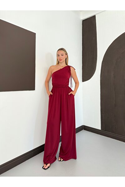 MODAMERSİ Women's Burgundy One-Shoulder Gathered Sandy Fabric Jumpsuit