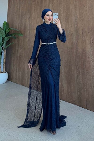 Şulemoda Giyim Helen Drapeli Lace Evening Dress Navy Blue