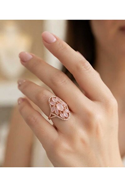 Frost Jewellry 925 ayar rose kaplı pembe kuvars taşlı ve zirkon taşlı gümüş y...