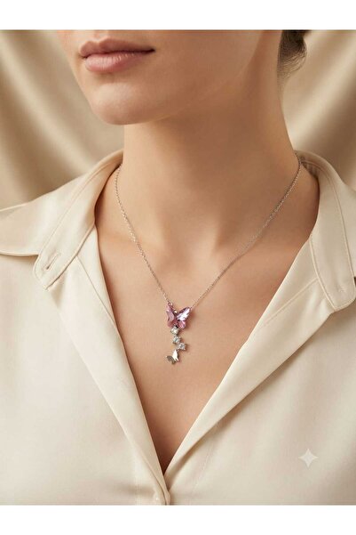 Papatya Silver 925 Ayar Gümüş Rodyum Kaplama Tasarım Pembe Taşlı Kelebek Kolye
