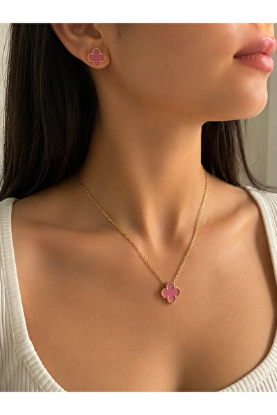whiteandpurpledesign Pembe GoldmYonca Küpe ve Kolye Set