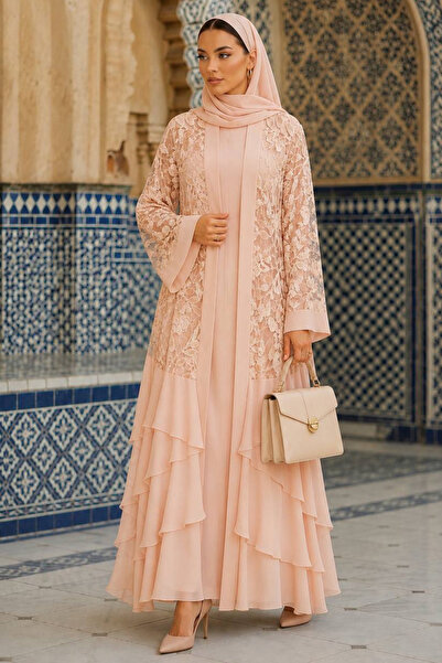 Neva Style Abaya Tesettură Somon cu Detalii din Dantela Guipure 63263SMN