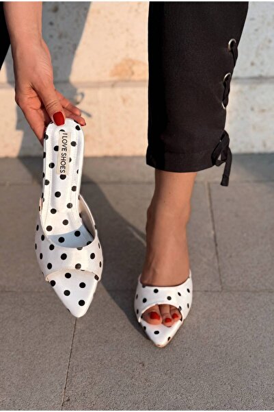 I Love Shoes Yonspe White Polka Dot Satin Women's Heeled Slippers