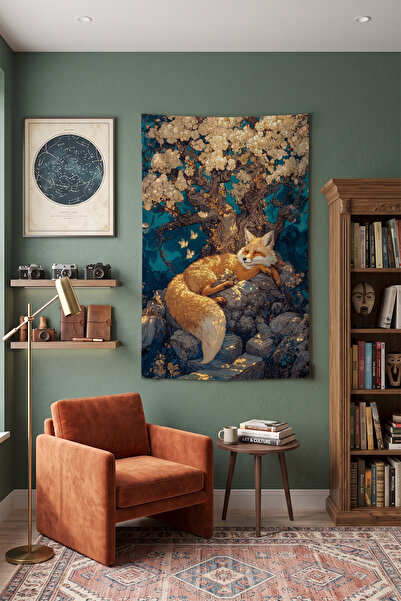 Milura Uyuyan Tilki Duvar Örtüsü – Modern Dekoratif Kaliteli Kumaş Tapestry D...