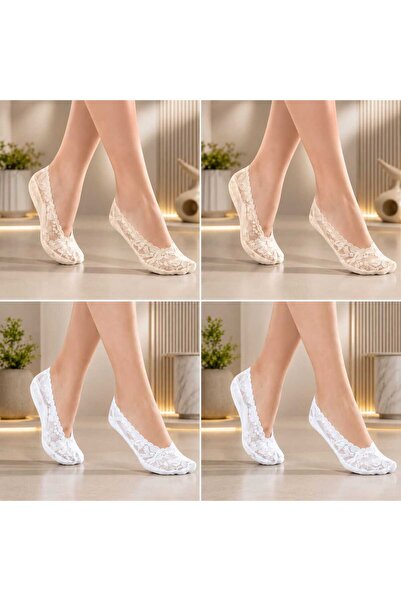 VitaMood Yaşam Women's Lace Ballerina Socks Set of 4 - White, Cream - Non-Sli...