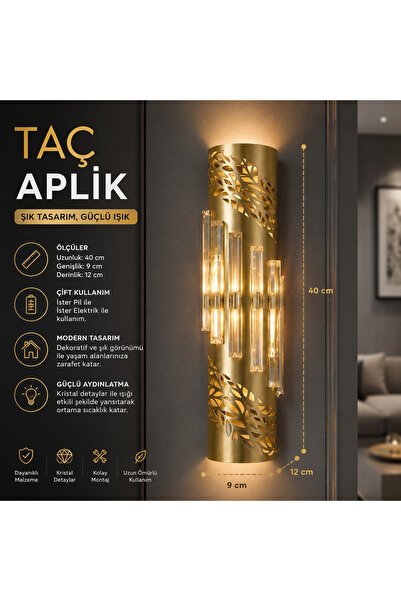 PareysHome Taç Gold LED Duvar Apliği Kristal Dekoratif Aplik Pilli Elektrikli...