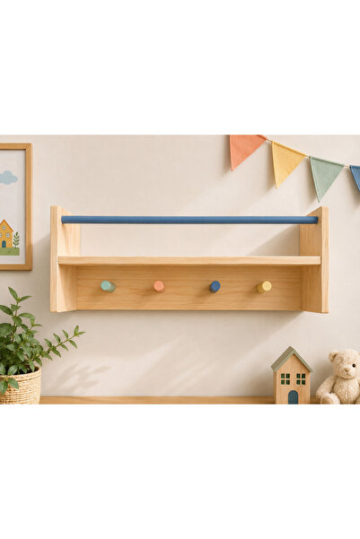 LunaLoveWood Doğal Ahşap Montessori Çocuk Odası Duvar Rafı & Askılık - 50cm