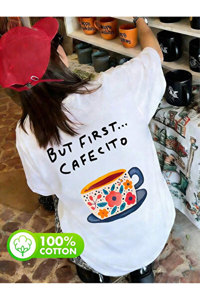 EYMORA But First Cafecito Printed Unisex White T-Shirt 100% Cotton Coffee Lov...