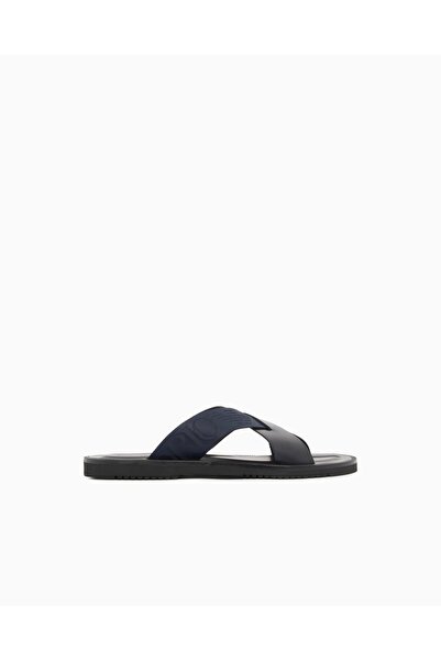 Emporio Armani Men's Logo Cross-Strapped Leather Navy Blue Slippers