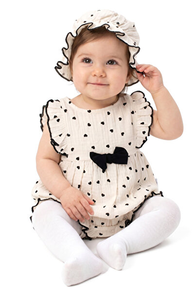 bebegen Baby Girl Ecru Black Heart Patterned Muslin Bodysuit with Hat