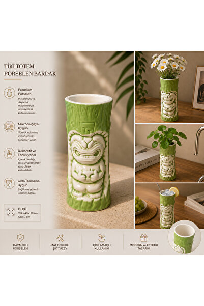 PALU GASTRO Tiki Totem Premium Porcelain Cup & Multi-Purpose Vase - 18 cm Green