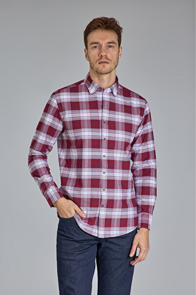 Bisse Bordo Modern Fit Pamuk Paşa Yaka Ekose Spor Gömlek