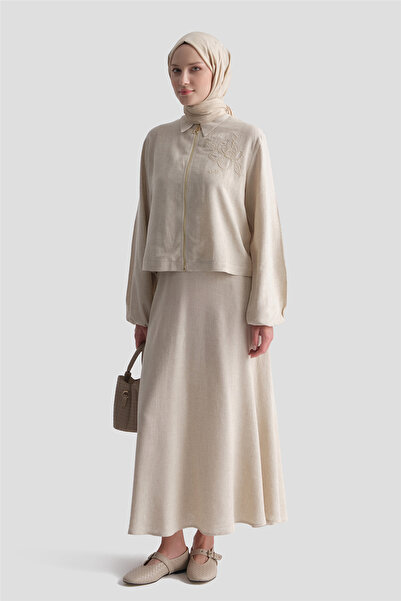 Armine Embroidery Detailed Linen Blend Suit Ecru