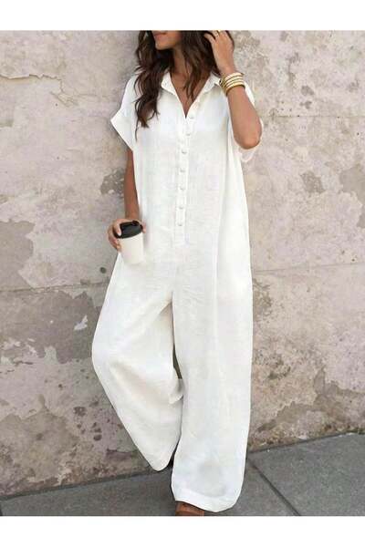 Afri Ecru Linen Women's Buttoned Shirt Collar Loose Jumpsuit – Wide Leg Loose...