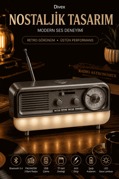 Divex Bluetooth 5.4 Nostaljik Radyo Hoparlör LED Gece Lambalı FM/AM/SW USB TF...