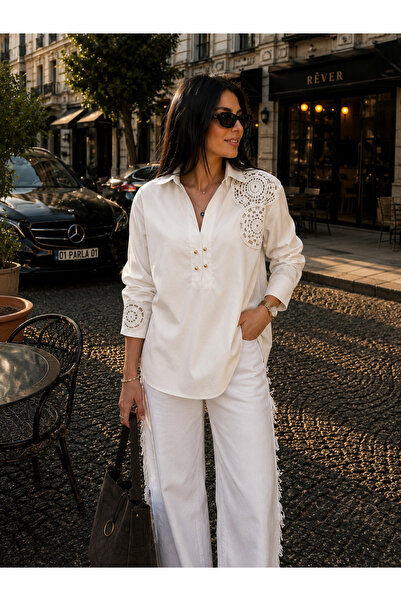 PARLAFASHION Parla butik01 Güpür İşlemeli Oversize Beyaz Gömlek