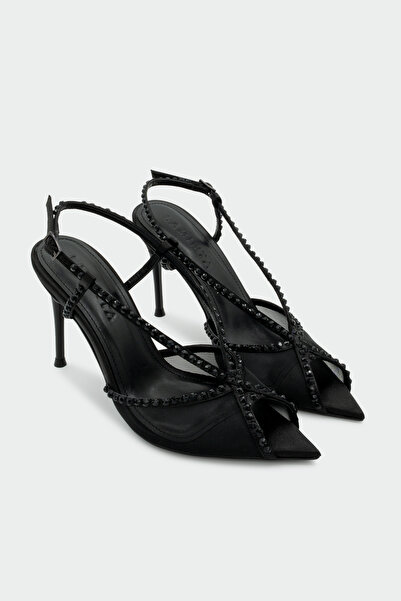 LAMİNTA Pidola Stone Detailed Mesh Women's Black Heeled Shoes