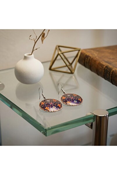 Erol Bakır Copper Navy Blue Gold Mandala Patterned Dangle Earrings