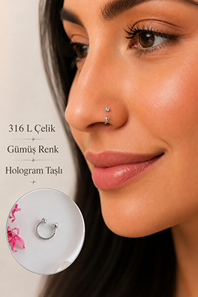 Sacce Scarves&Accessories 316 L Çelik Hologram Taşlı Hızma Piercing 8 mm Buru...
