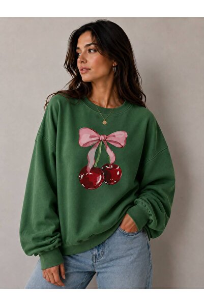 caddekombin Cherry and Ribbon Printed Green Sweatshirt with Hood and Kangaroo...