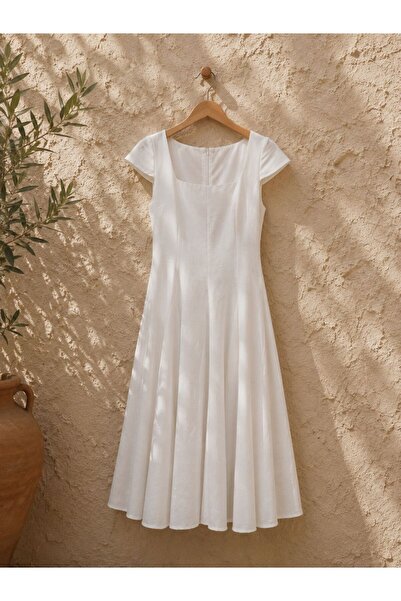 KÜÇÜĞÜM BUTİK White Linen Square Neck Short Sleeve Flowy Dress