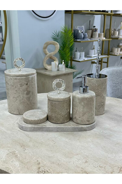 veloraliving Decorative Natural Beige Marble 6 Piece Silver Ring Bathroom Set