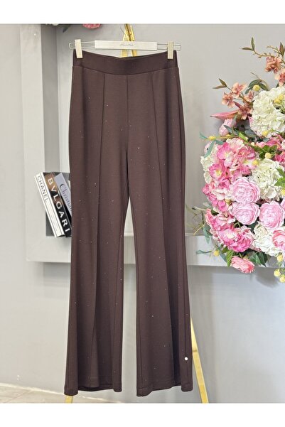 2K 25547 Stone Printed Front Spanish Flare Trousers Brown