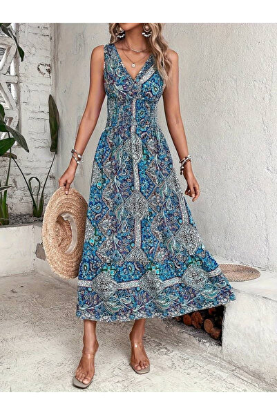 Efnaz style Women's waist taped ethnic pattern zero sleeve supreme dress