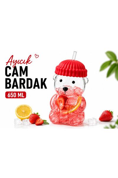 koku bahçesi Ayıcık Cam Bardak 650 ml | Cam Pipetli, Silikon Kapaklı, Hediyel...