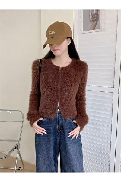 NATUFIAN STORE Women's Fuzzy Soft Double Zipper Basic Knitwear Cardigan