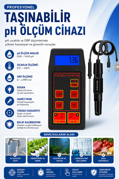 RoboPazar PH-8424 3'ü 1 Arada pH / ORP / Sıcaklık Ölçer, Yüksek Hassasiyetli,...