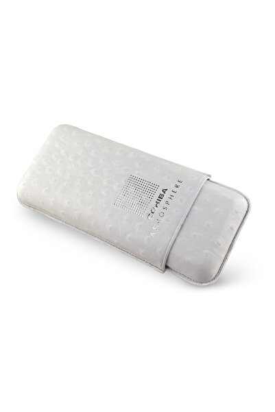 Cohiba Atmosphere Ostrich Gerçek Deri Puro Kılıfı Üçlü 64 Ring - Silver