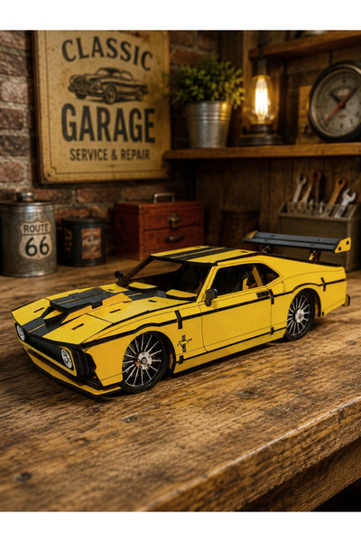 Home Ahşap Dekoratif -125 Parça 3d Puzzle- Sarı Renk Ford Mustang Spor Araba ...