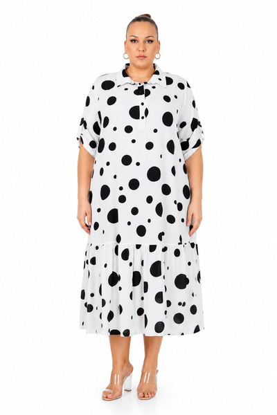 DARKWIN Plus Size Shirt Collar Polka Dot Patterned Flounce Midi Length Loose ...