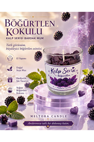 Böğürtlen Kokulu Kalp Serisi Bardak Mum 💜 Kalp Temalı El Yapımı Dekoratif Soya Mum