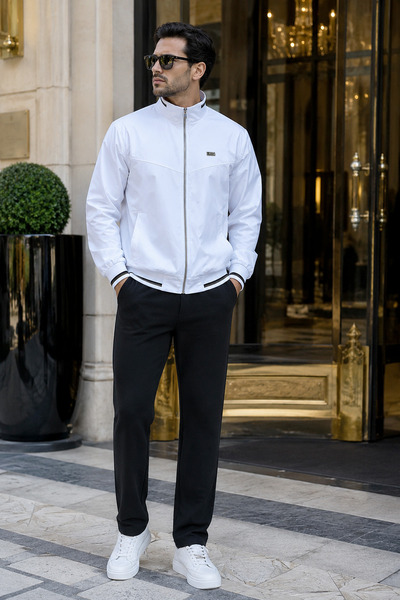 BESSA White Stand Collar Parachute Fabric Detailed Tracksuit Set with Zipper ...