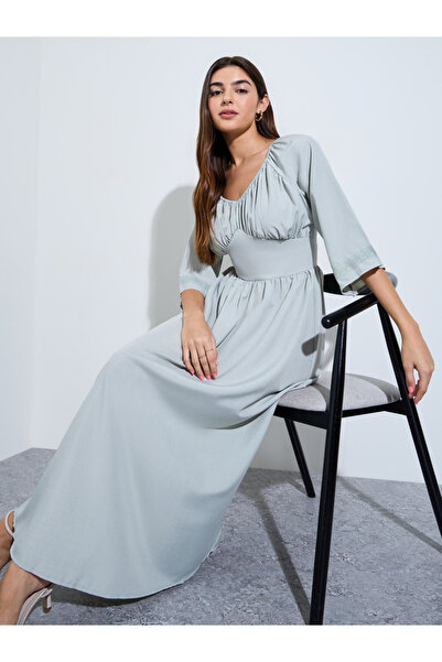 Styli Grey A-Line Maxi Dress with 3/4 Sleeves