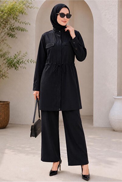 TRENDTESETTÜR KADIN SİYAH BELİ BÜZGÜLÜ CEKET TUNİK T 6432