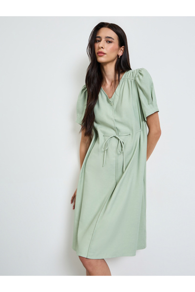 Styli Green Solid Knee Length Dress with Drawstring
