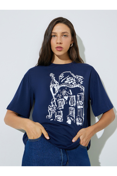 Styli Navy Blue Relaxed Fit Graphic Print T-Shirt
