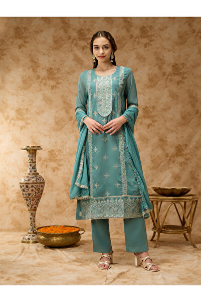 Silver Lime By Styli Green Placement Embroidery Straight Kurta, Pants and Dup...