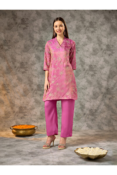 Silver Lime By Styli Pink V Neck Zari Embroidered Co-ord Set