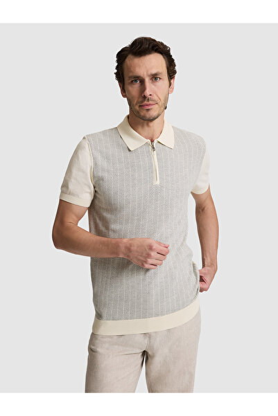 Cacharel Light Gray Slim Fit 100% Cotton Zippered Polo Collar Knitwear T-Shir...