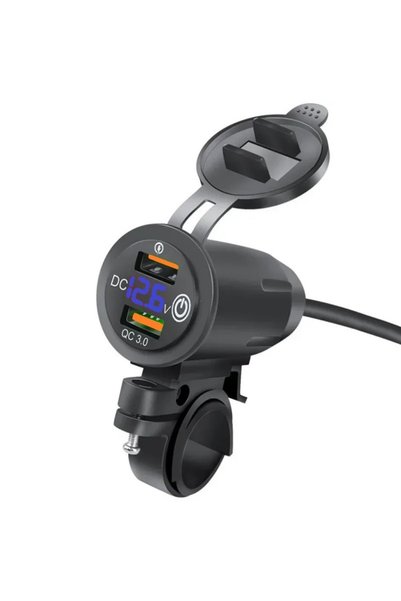 OEM Ταχυφορτιστής Μοτοσυκλέτας με Διπλό USB &amp; Μπλε Bολτόμετρο με Βάση για...