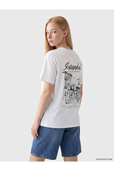 LC Waikiki Xside White Istanbul Printed 100% Cotton Women's T-Shirt