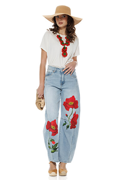 Fofy Blugi dama albastru deschis premium balloon summer 2026 cu imprimeu maci